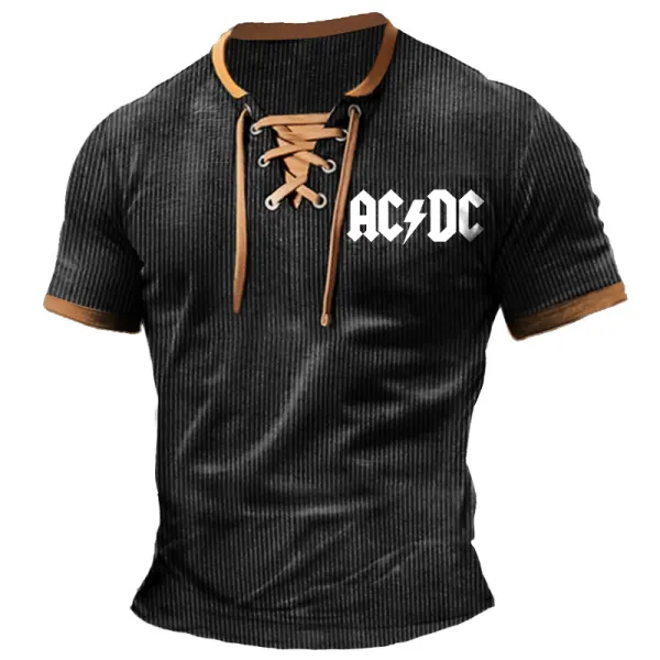 Men's T-Shirt ACDC Rock Band Ribbed Lightweight Corduroy Vintage Lace-Up Short Sleeve Color Block Summer Daily Tops - Rabclub.com 