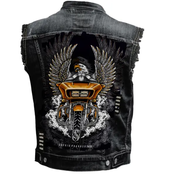 Men's Vintage Rock Punk Eagle Motorcycle Print Washed Distressed Ripped Denim Vest - Dozenlive.com 