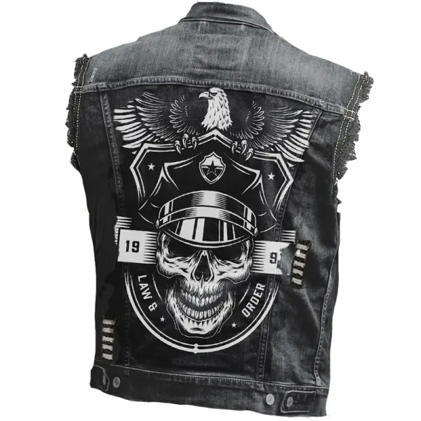 Men's Vintage Rock Punk Skull Eagle Print Washed Distressed Ripped Denim Vest Jacket - Dozenlive.com 