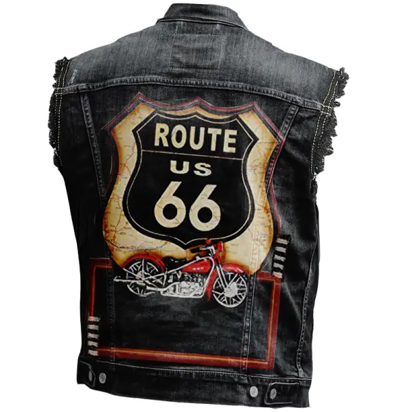 Men's Vintage Rock Punk Route 66 Motorcycle Print Washed Distressed Ripped Denim Vest - Dozenlive.com 