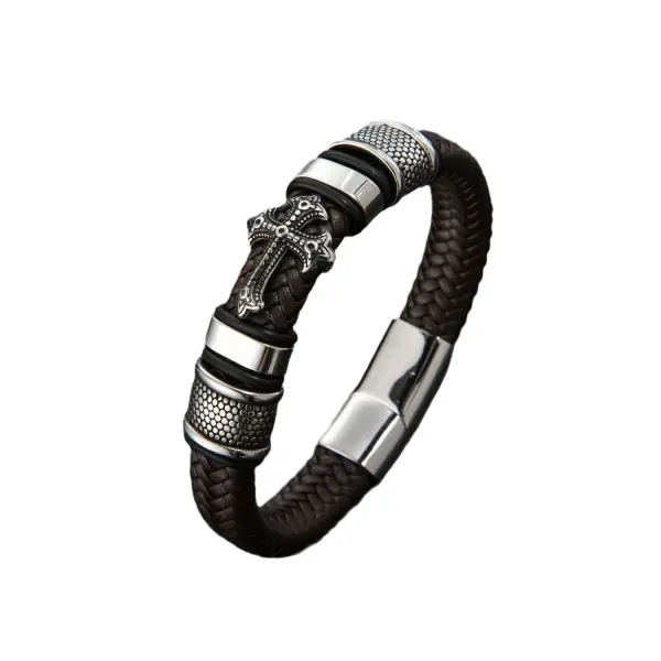 Punk Rock Hip Hop Bracelet Cross Leather Weave Braided Fashion Bracelet - Cotosen.chimpone.com 
