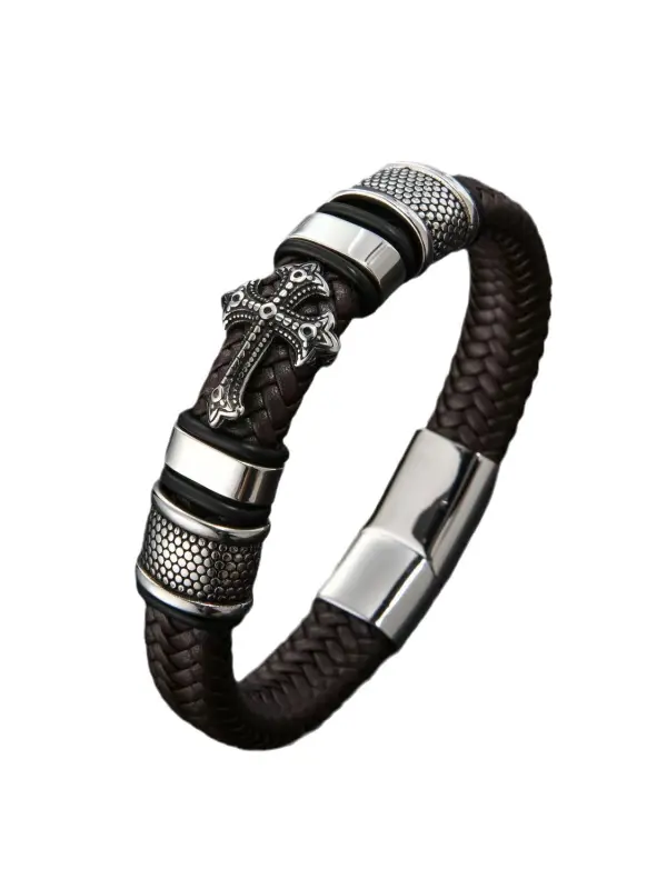 Punk Rock Hip Hop Bracelet Cross Leather Weave Braided Fashion Bracelet - Pragmaace.com 