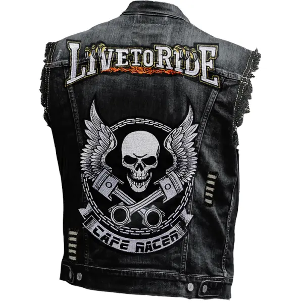 Men's Vintage Rock Punk Skull Print Washed Distressed Ripped Denim Vest Jacket - Dozenlive.com 