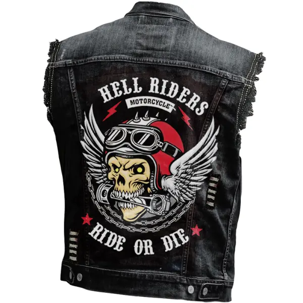 Men's Vintage Rock Punk Skull Wings Print Washed Distressed Ripped Denim Vest Jacket - Dozenlive.com 
