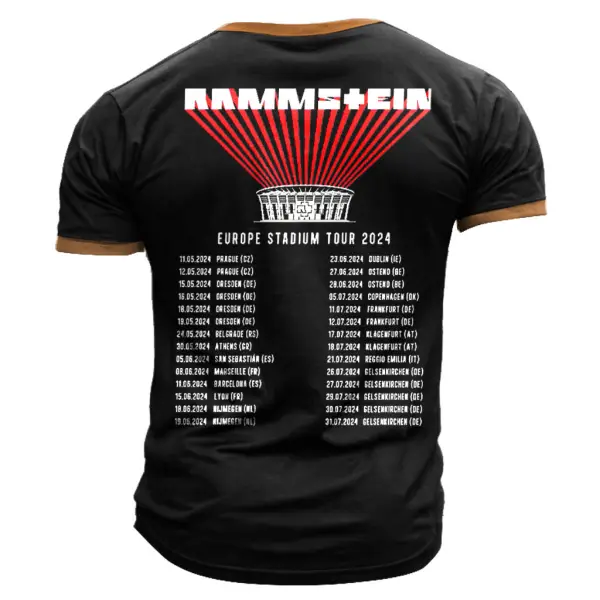 Men's Vintage Rammstein Rock Band Europe Stadium Tour 2024 Color Block Print Henley Short Sleeve T-Shirt - Cotosen.com