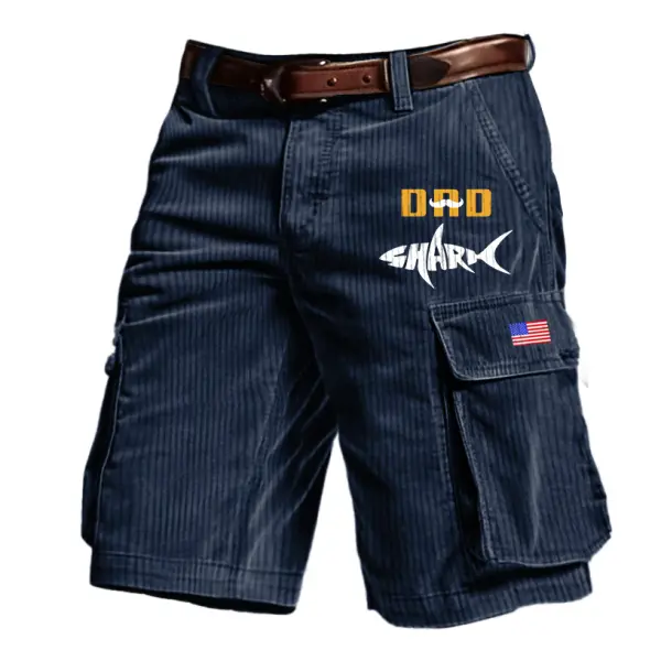 Men's Outdoor Vintage Dad Bearded Shark American Flag Father's Day Print Corduroy Multi Pocket Shorts - Manlyhost.com 