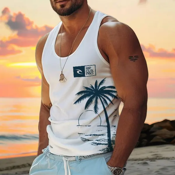 Men's Rip Curl Surf Palm Tree Hawaiian Beach Vacation Print Casual Tank Top - Cotosen.com