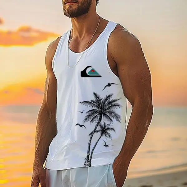 Men's Quiksilver Surf Palm Tree Hawaiian Beach Vacation Print Casual Tank Top - Elementnice.com 
