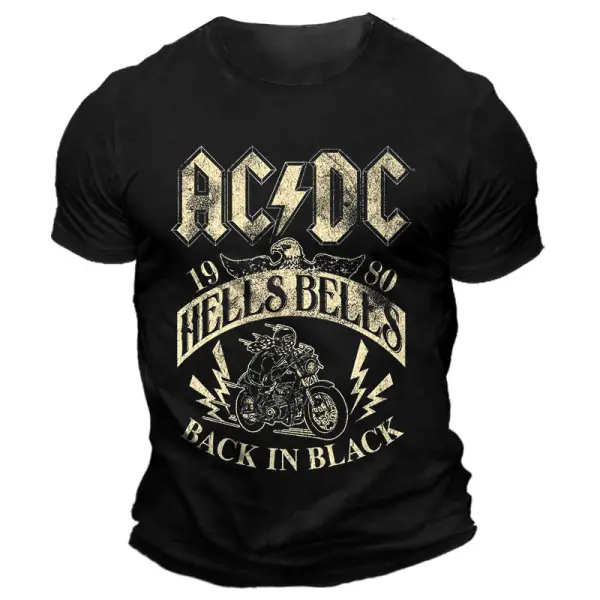 Men's Vintage ACDC Hells Bells 1980 Rock Band Motorcycle Print Daily Short Sleeve Crew Neck T-Shirt - Cotosen.com 