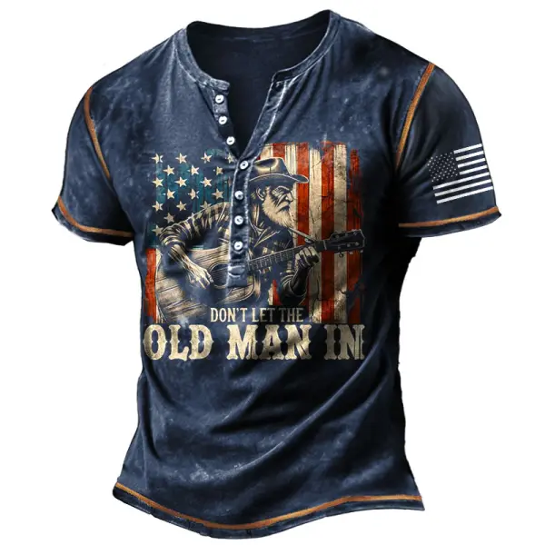 Men's Henley Don't Let The Old Man In Vintage American Flag Colorblock Summer Daily T-Shirt - Elementnice.com 