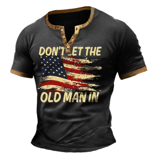 Men's Vintage Don't Let The Old Man In Country Music America Flag Color Block Print Henley Short Sleeve T-Shirt - Elementnice.com 