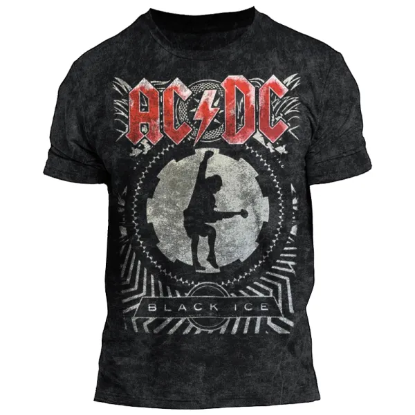 Men's Acdc Rock Band Black Ice Washed Vintage Print Short Sleeved T-shirt - Elementnice.com 