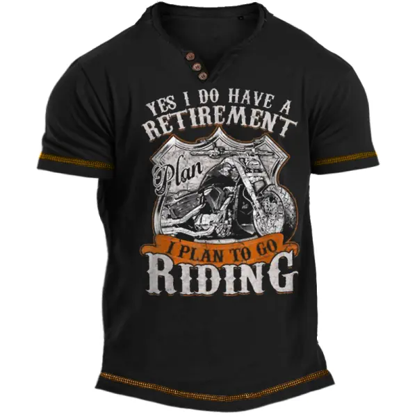 Men's Vintage Jeep Wheel Print Route 66 Motorcycle Road Trip Henley Neck T-Shirt - Upgradecool.com 