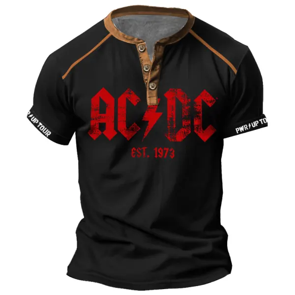 Men's Vintage ACDC Est. 1973 Rock Band Color Block Print Henley Short Sleeve T-Shirt - Spiretime.com 