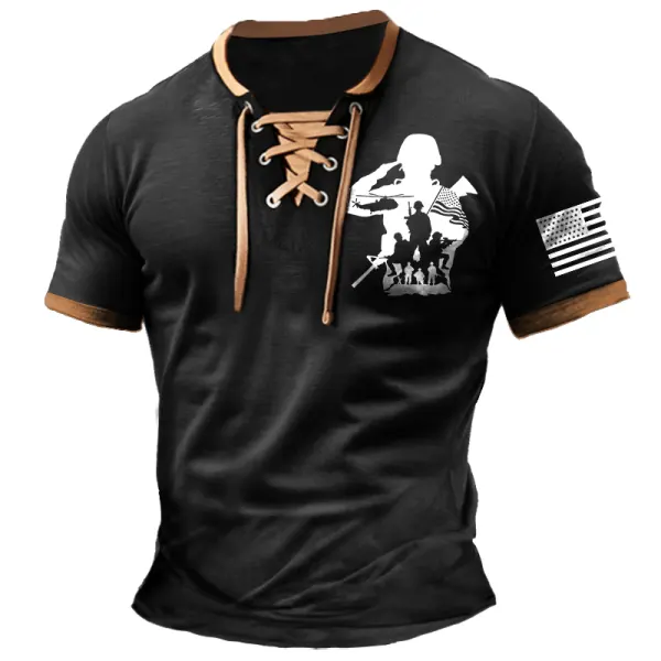 Men's T-Shirt US Soldier Veteran American Flag Memorial Day Vintage Lace-Up Short Sleeve Color Block Summer Daily Tops - Manlyhost.com 