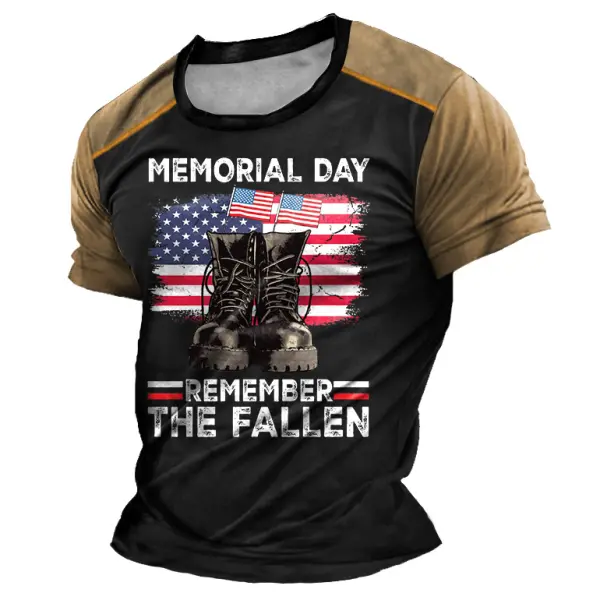Men's Vintage Memorial Day Boots American Flag Print Daily Short Sleeve Crew Neck T-Shirt - Manlyhost.com 