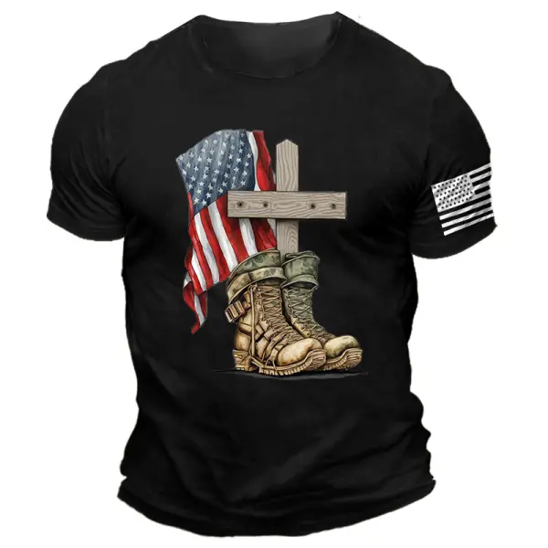Men's Vintage Memorial Day Cross Boots American Flag Print Daily Short Sleeve Crew Neck T-Shirt - Manlyhost.com 