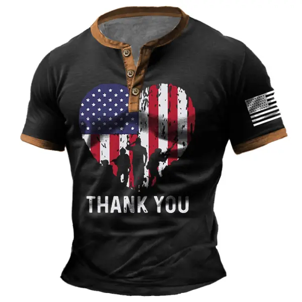 Men's Vintage Memorial Day Thank You Veterans Patriotic American Flag Color Block Print Henley Short Sleeve T-Shirt - Elementnice.com 