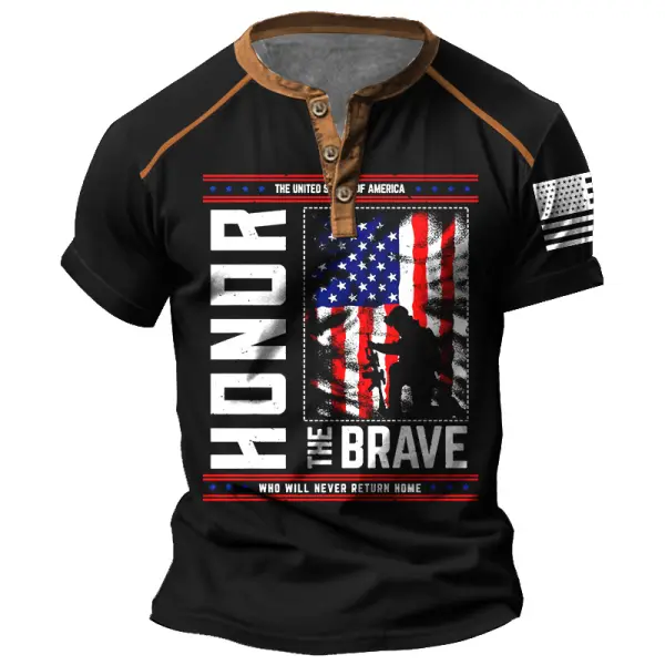 Men's Vintage Memorial Day Patriotic Honor The Brave United States American Flag Henley Short Sleeve T-Shirt - Elementnice.com 