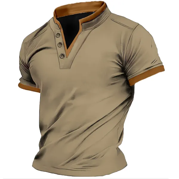 Men's V-neck Contrast Short Sleeved Stand Collar T-shirt - Elementnice.com 