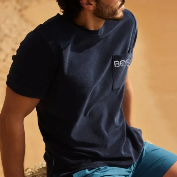 Men's Vintage Wave Embroidery French Terry T Shirt Vacation Hawaiian Casual Tops - Elementnice.com 