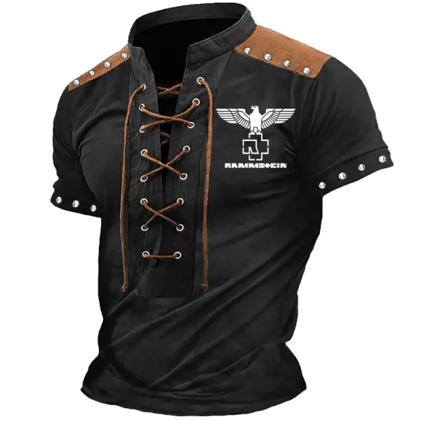 Men's Rammstein Rock Music Studded Outdoor Vintage Color Block Stand Collar Lace Up Short Sleeve T-Shirt - Manlyhost.com 