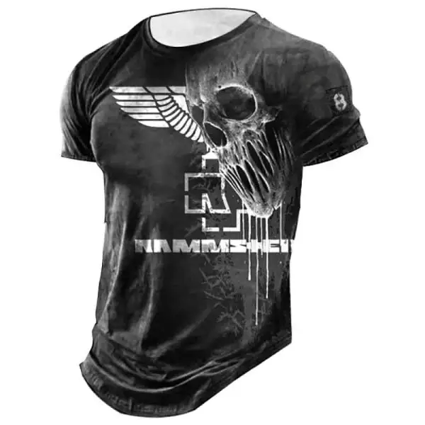 Men's Vintage Rammstein Rock Band Skull Daily Short Sleeve Crew Neck T-Shirt - Cotosen.com