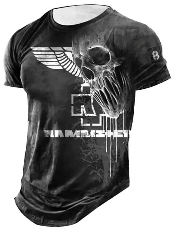 Men's Vintage Rammstein Rock Band Skull Daily Short Sleeve Crew Neck T-Shirt - Pragmaace.com 