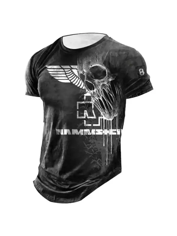 Men's Vintage Rammstein Rock Band Skull Daily Short Sleeve Crew Neck T-Shirt - Timetomy.com 