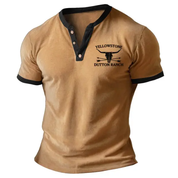 Yellowstone Embroidery Terry Towel Men's Vintage Color Block Henley Collar Short Sleeve T-Shirt - Elementnice.com 
