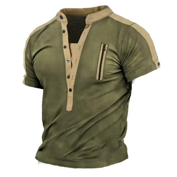 Men's T-Shirt Zipper Pocket Vintage Stand Collar Henley Outdoor Tactical Color Block Short Sleeve Summer Tops - Elementnice.com 