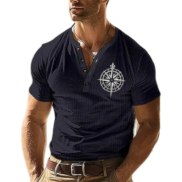 Men's Nautical Compass Print Ice Silk Ribbed Fabric Vintage Solid Color Henley Collar Short Sleeve T-Shirt - Manlyhost.com 