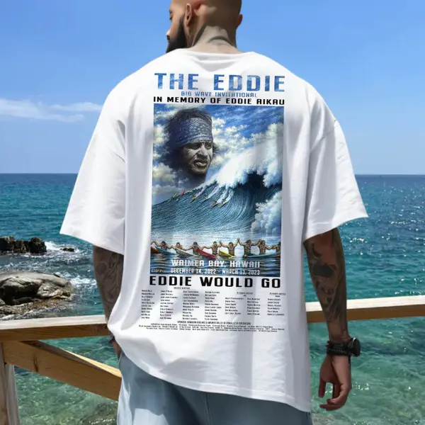 Men's Eddie Aikau Big Wave Surf Poster Beach Loose Short Sleeve Oversized T-Shirt - Cotosen.com 