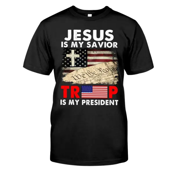 Men's Vintage Jesus Is My Savior T Is My President American Flag Daily Short Sleeve Crew Neck T-Shirt - Elementnice.com 