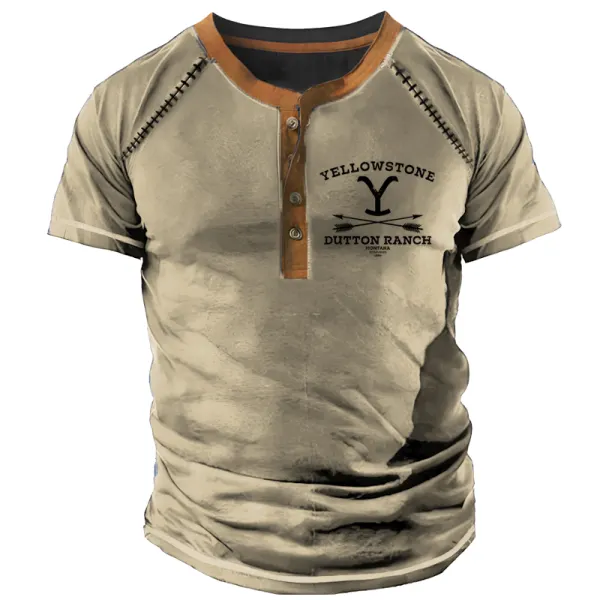 Men's Yellowstone Shoulder Sewing Craft Collar Contrast Color Henley T-shirt - Cotosen.com 