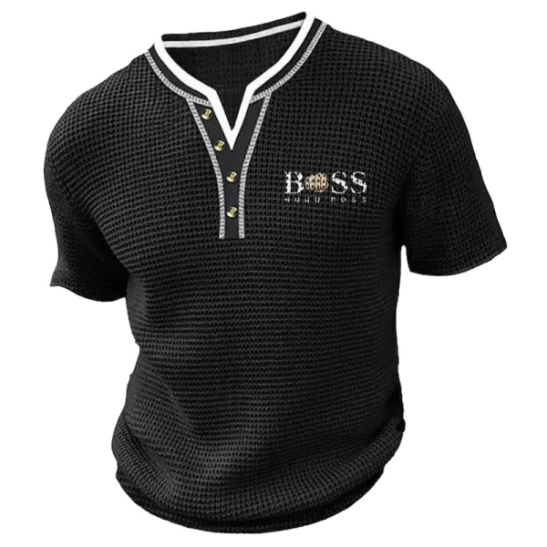 Men's Boss Waffle Print Collar Color Contrast Henley Shirt - Ootdyouth.com 