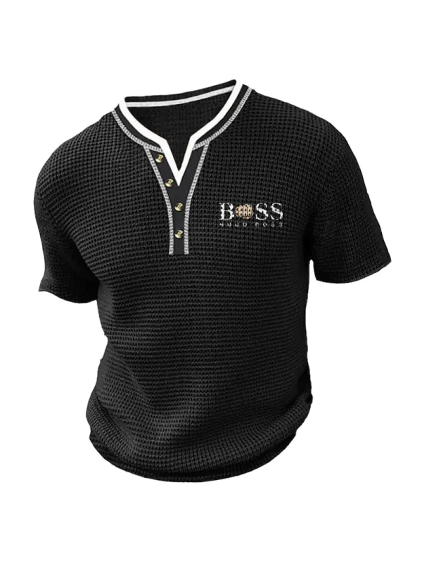 Men's Boss Waffle Print Collar Color Contrast Henley Shirt - Anrider.com 