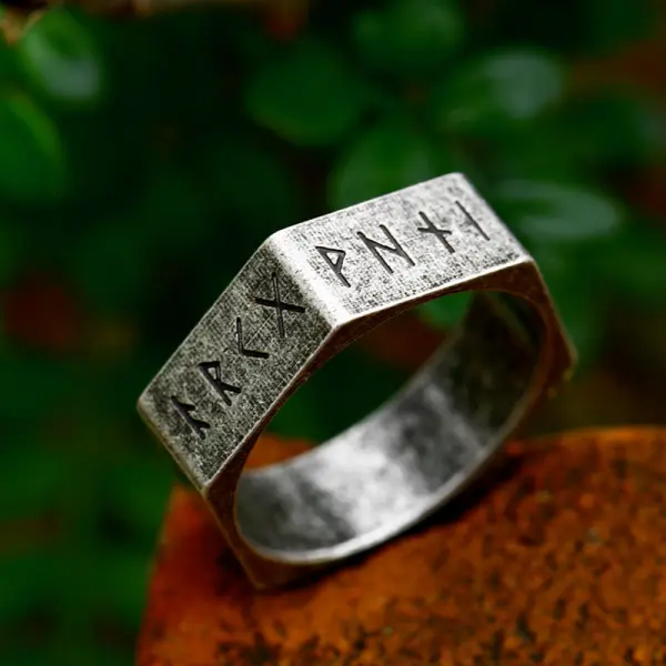 Men's Viking Letters Titanium Steel Ring Stainless Steel Vintage Hexagonal Nut Ring - Rabclub.com 