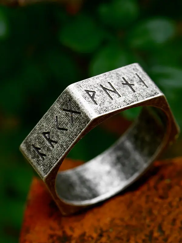 Men's Viking Letters Titanium Steel Ring Stainless Steel Vintage Hexagonal Nut Ring - Menwyx.com 