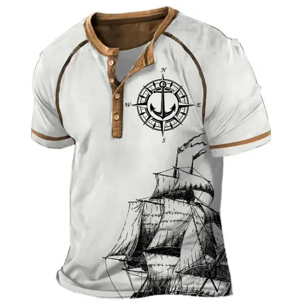 Men's T-Shirt Nautical Compass Anchor Sailing Boat Vintage Henley Color Block Short Sleeve Summer Daily Tops - Cotosen.com 