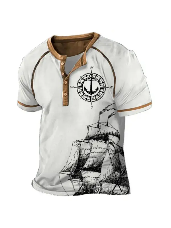 Men's T-Shirt Nautical Compass Anchor Sailing Boat Vintage Henley Color Block Short Sleeve Summer Daily Tops - Ootdmw.com 