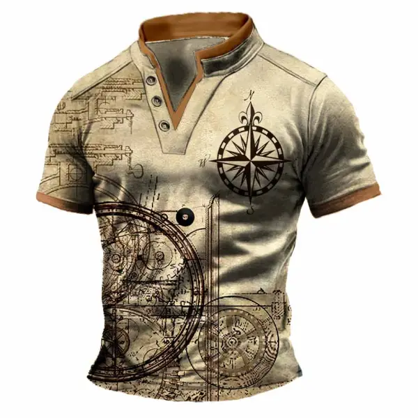 Men's Nautical Compass Steampunk Auto Wheel Vintage V-Neck Stand Collar Color Block Short Sleeve T-Shirt - Ootdyouth.com 