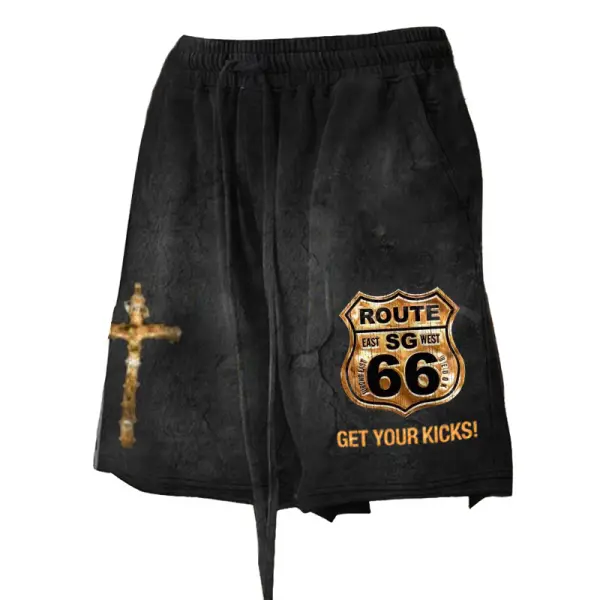 Men's Vintage Route 66 Cross Print Drawstring Distressed Casual Shorts - Manlyhost.com 