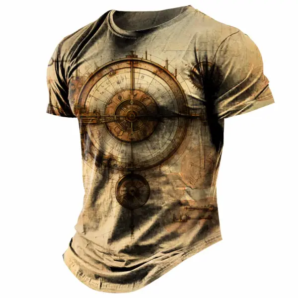 Men's Vintage Steampunk Drawing Compass Daily Short Sleeve Crew Neck T-Shirt - Manlyhost.com 