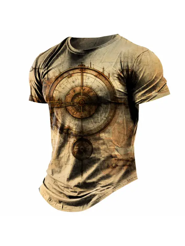 Men's Vintage Steampunk Drawing Compass Daily Short Sleeve Crew Neck T-Shirt - Timetomy.com 