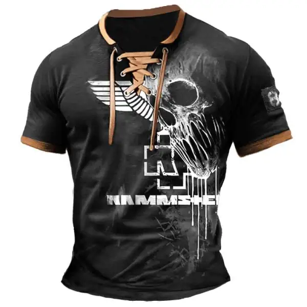 Men's T-Shirt Rammstein Rock Band Skull Vintage Lace-Up Short Sleeve Color Block Summer Daily Tops - Elementnice.com 