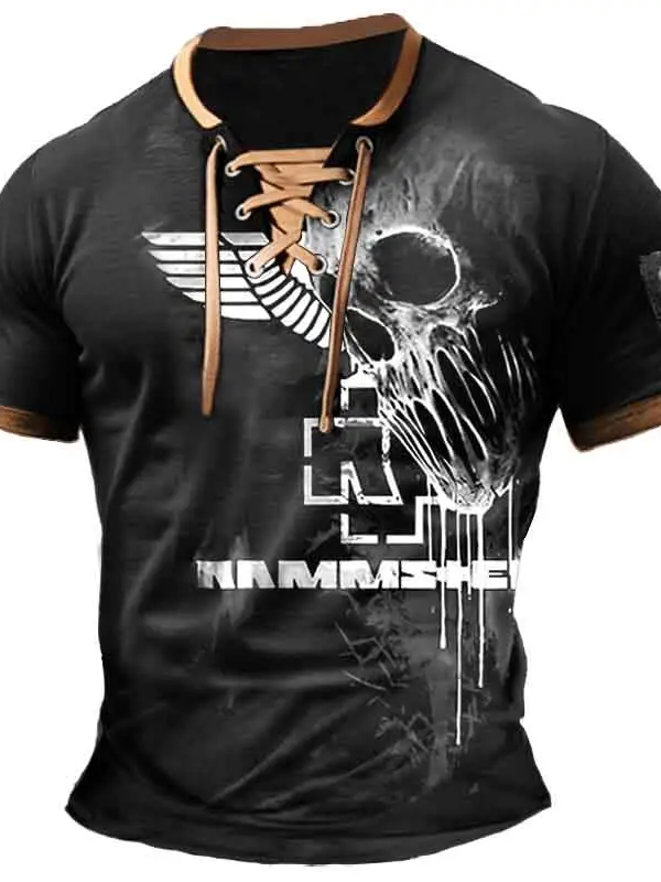 Men's T-Shirt Rammstein Rock Band Skull Vintage Lace-Up Short Sleeve Color Block Summer Daily Tops - Menwyx.com 