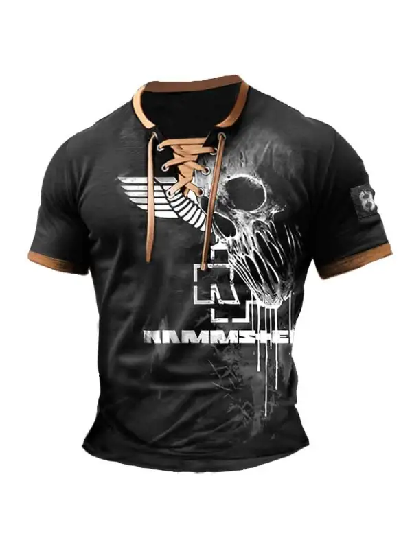 Men's T-Shirt Rammstein Rock Band Skull Vintage Lace-Up Short Sleeve Color Block Summer Daily Tops - Timetomy.com 