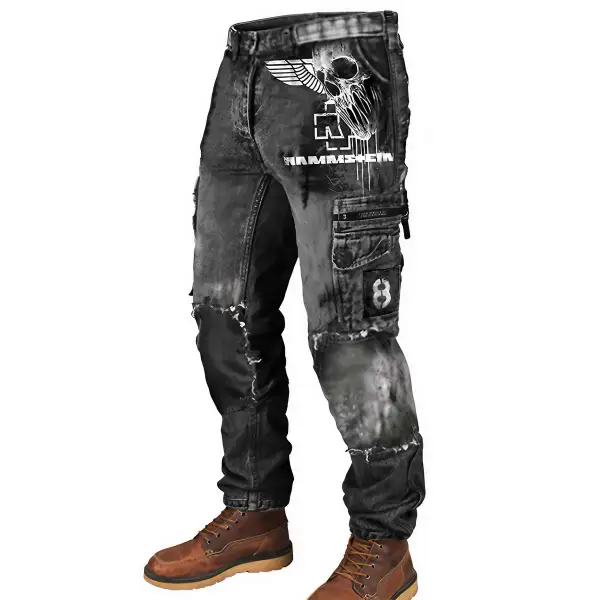 Men's Cargo Pants Rammstein Rock Band Skull Vintage Distressed Utility Outdoor Pants - Cotosen.com