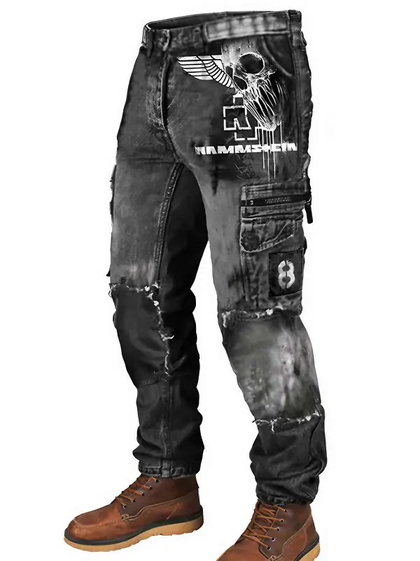 Men's Cargo Pants Rammstein Rock Band Skull Vintage Distressed Utility Outdoor Pants - Menwyx.com 